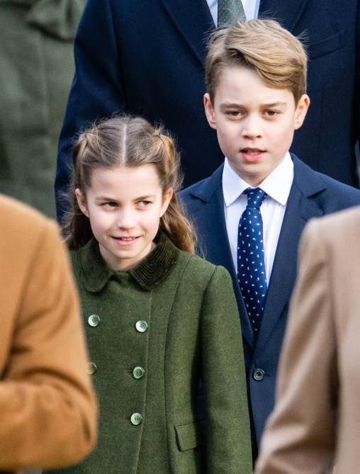 Princess Charlotte of Wales and Prince George of Wales attend the Christmas Morning Service at Sandringham Church on December 25, 2023 in Sandringham, Norfolk.