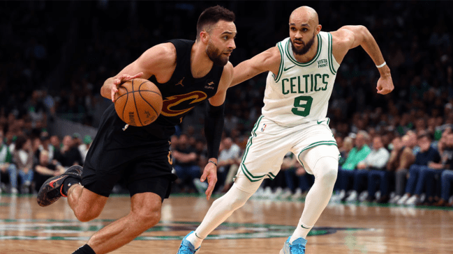Derrick White #9 of the Boston Celtics defends Max Strus #1 of the Cleveland Cavaliers Game One of the Eastern Conference Second Round Playoffs against the Cleveland Cavaliers at TD Garden on May 07, 2024 in Boston, Massachusetts.