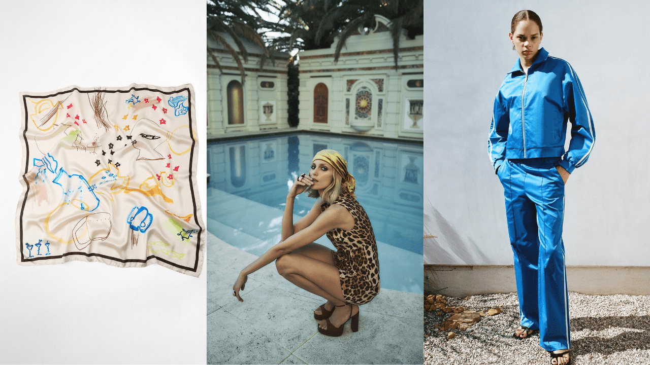 A scarf, a cheetah print dress, and a satin jumpsuit.