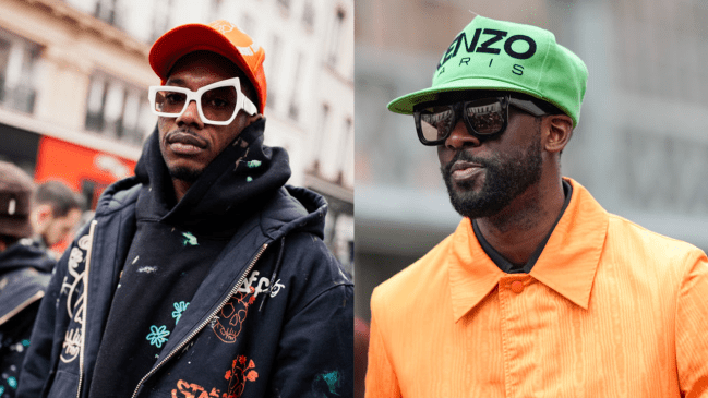 Left: Man in hoodie, jacket, orange hat, and white sunglasses at Paris Men's Fashion Week on January 21, 2024 in Paris, France. Right: A guest wears a green Kenzo hat, a neon orange long trench coat, outside Sacai, during the Menswear Fall/Winter 2024/2025 as part of Paris Fashion Week on January 21, 2024 in Paris, France.