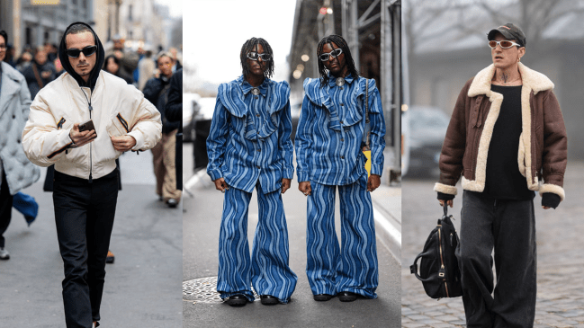 Left: A guest wears creme white bomber jacket, black hoody outside Sacai during the Menswear Fall/Winter 2024/2025 as part of Paris Fashion Week on January 21, 2024 in Paris, France. Middle: Twins wear sunglasses, a pale blue / bold blue bi-color denim ruffled oversized jacket with bow detail, matching flared pants, outside Area, during New York Fashion Week, on February 11, 2024 in New York City. Right: A guest wears a cap hat, sunglasses, a brown leather jacket with white fluffy inner lining, a black pullover, flared pants, a backpack, sneakers shoes, outside Rolf Ekroth, during the Copenhagen Fashion Week AW24 on January 30, 2024 in Copenhagen, Denmark.