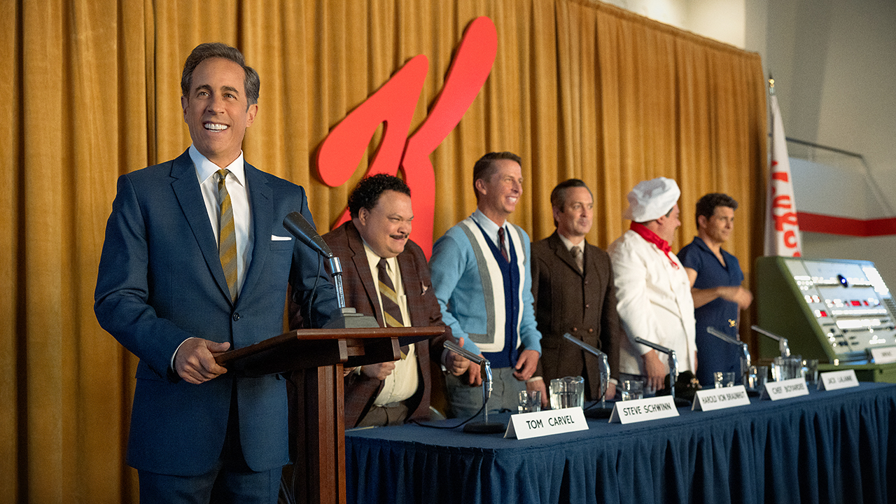 UNFROSTED - (L to R) Jerry Seinfeld (Director) as Bob Cabana, Adrian Martinez as Tom Carvel, Jack McBrayer as Steve Schwinn, Thomas Lennon as Harold Von Braunhut, Bobby Moynihan as Chef Boyardee and James Marsden as Jack LaLanne in Unfrosted.