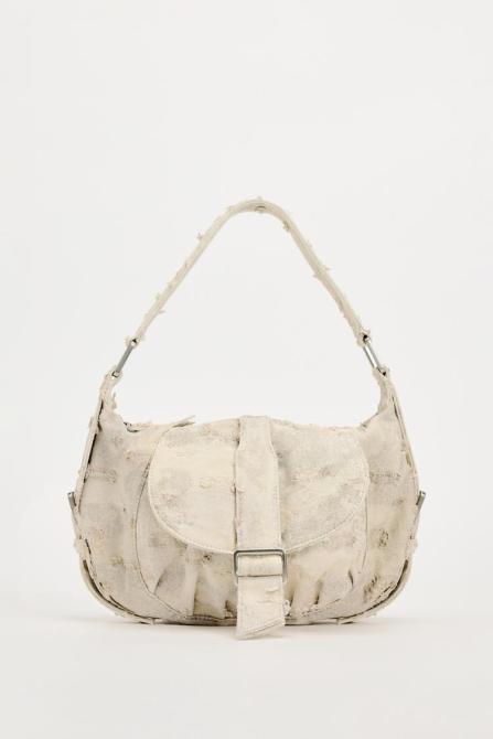 Distressed Fabric Shoulder Bag.