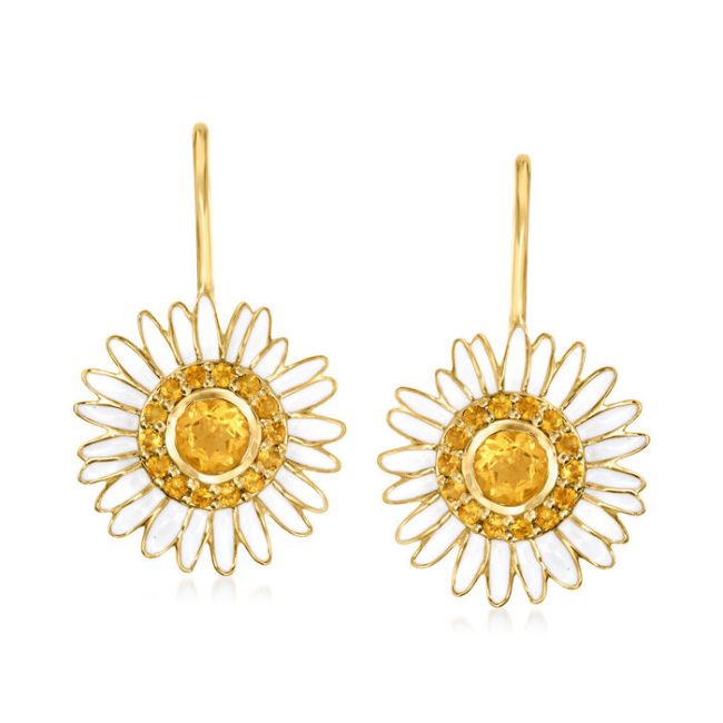 Ross-Simons Citrine and White Enamel Daisy Drop Earrings