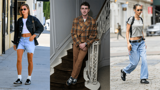 Left to Right: Hailey Bieber wearing Adidas Sambas, Paul Mescal wearing Adidas Sambas, Bella Hadid wearing Adidas Sambas.