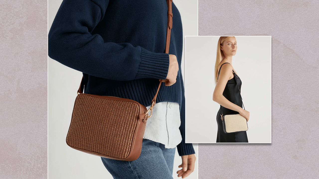 Left: Quince model wearing a brown leather crossbody bag; Right: Quince model wearing a neutral-toned crossbody bag.