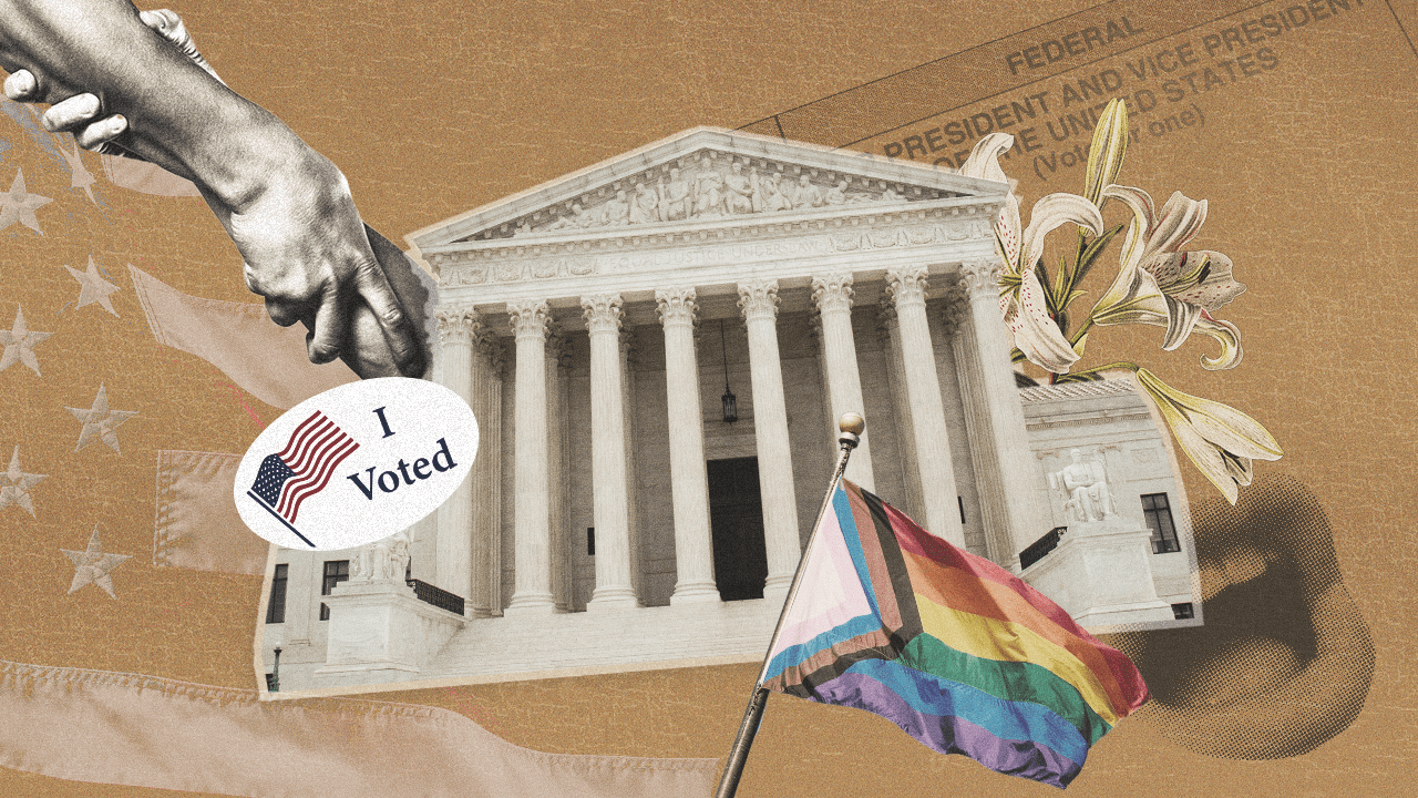 A collage featuring the Supreme Court building, a Pride flag, an "I voted" sticker, flowers, held hands, and more