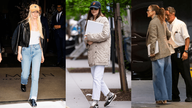 Anya Taylor-Joy, Dakota Johnson, and J-Lo wearing raw hem jeans.