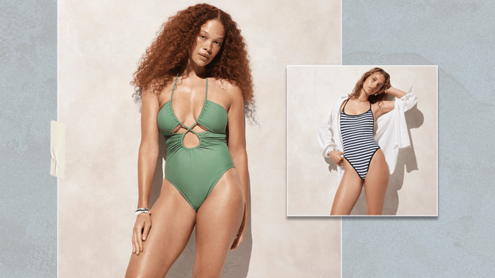 Left: J.Crew model wearing a green one-piece swimsuit; Right: J.Crew model wearing a striped one-piece swimsuit under a white, unbuttoned top.