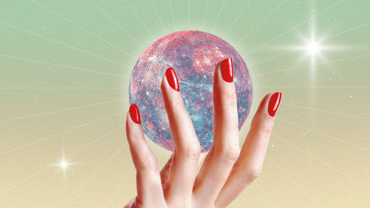 A hand holding the planet Mercury, which is shifting up and down