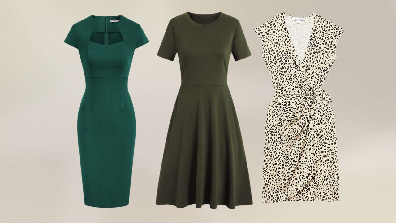 Three office-appropriate dresses from Amazon on a cream background