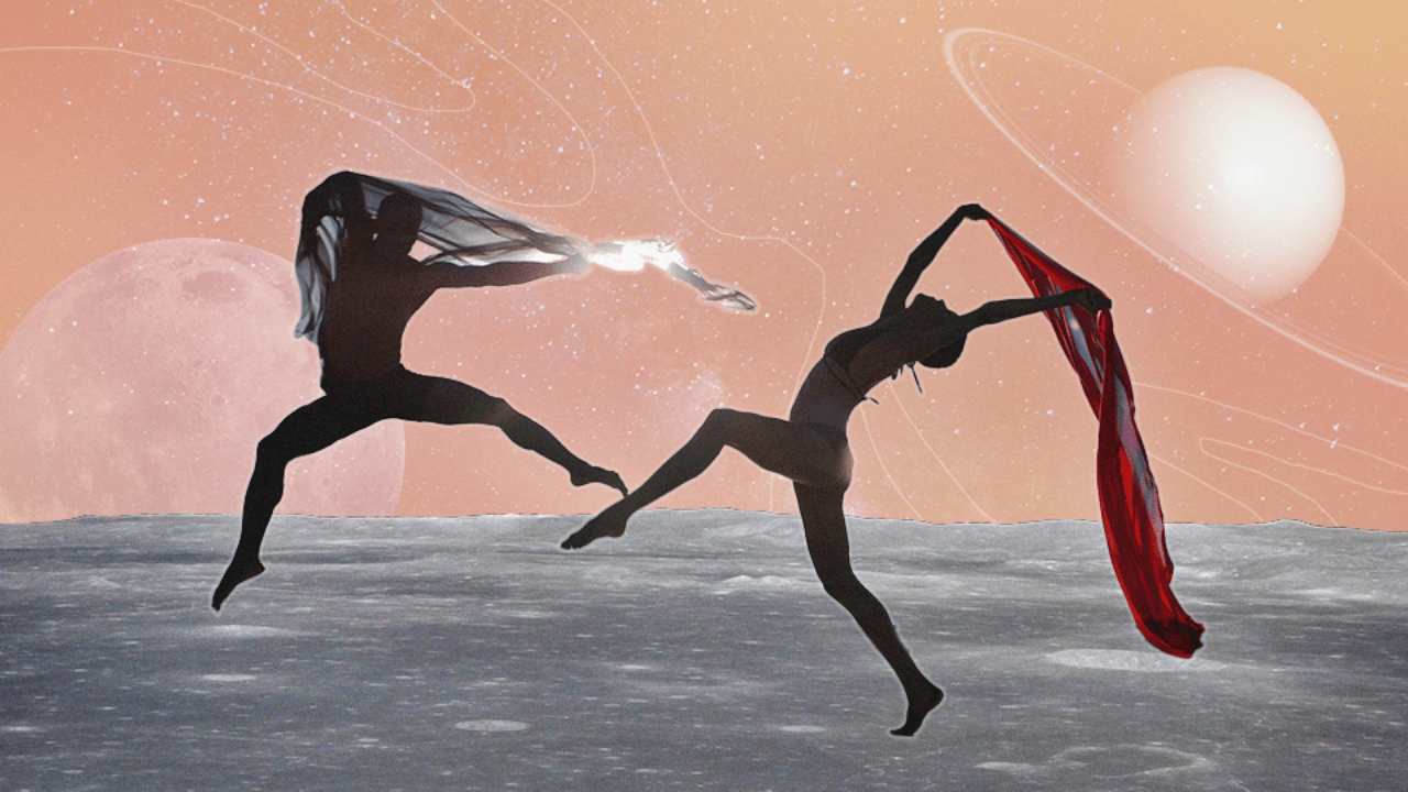 Two silhouettes of people prancing around the moon in front of a pastel orange cosmic sky