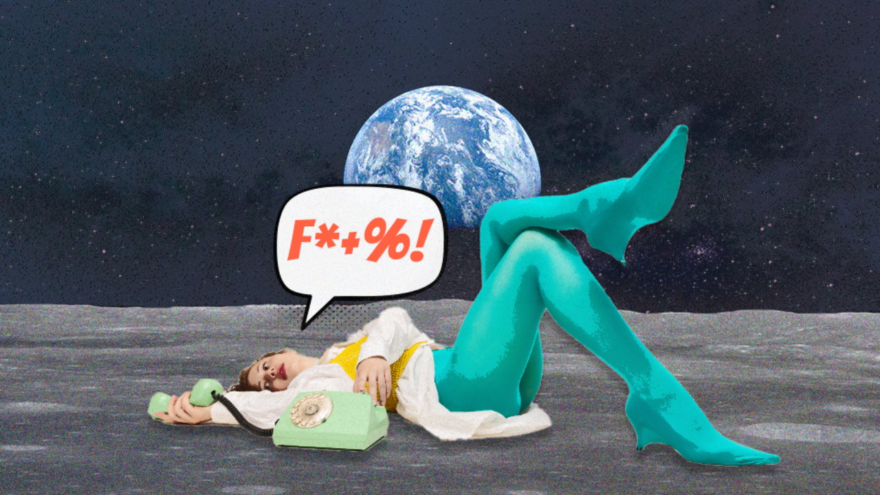 A woman laying down on the moon with planet earth in the foreground, having a frustrating phone call on a rotary phone in which she is yelling "f*+%!" into the receiver