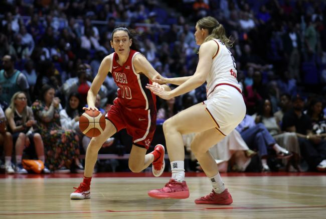 Breanna Stewart of The United States and Luisa Geiselsoder of Germany  during the 2024 USA Basketball Showcase match between USA Women and Germany Women at The O2 Arena on July 23, 2024 in London, England.