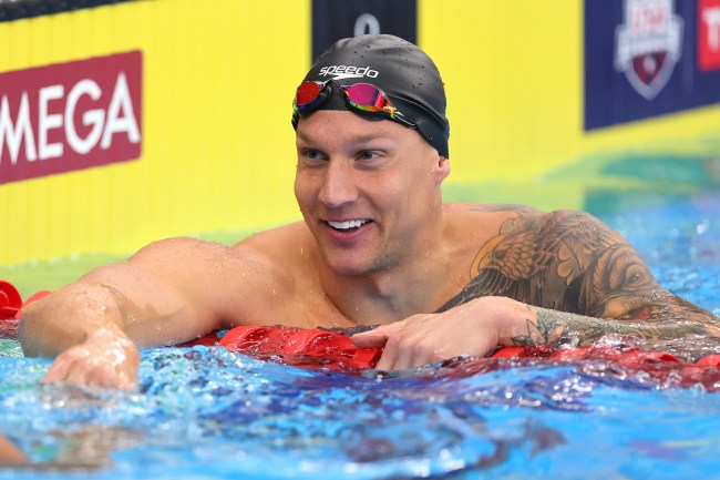 Caeleb Dressel reacts after winning the Men's 100 Meter Butterfly Final on Day 2 of the TYR Pro Swim Series Westmont at FMC Natatorium on March 07, 2024 in Westmont, Illinois.