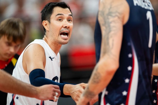 Erik Shoji of USA screams during the Volleyball International Friendly Tournament match between Poland and USA at the Ergo Arena on July 21, 2024 in Gdansk, Poland.