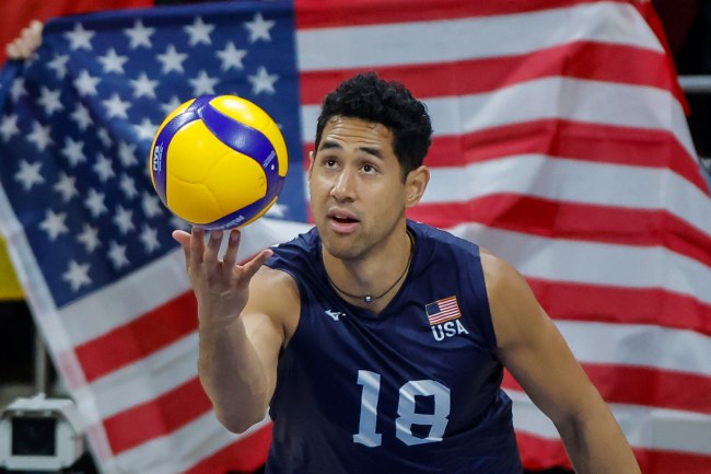 Garrett Muagututia of USA serves the ball during the FIVB Men's Nations League game between Germany and USA at SM Mall of Asia Arena on June 22, 2024 in Pasay, Luzon, Philippines.