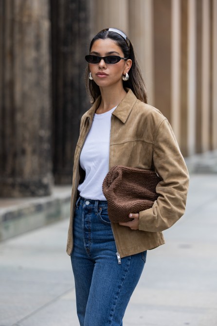 STYLECASTER | Suede jacket, white T-shirt and jeans women's outfit