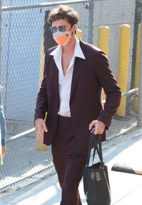Jacob Elordi, handbag, mask, burgundy suit, tote