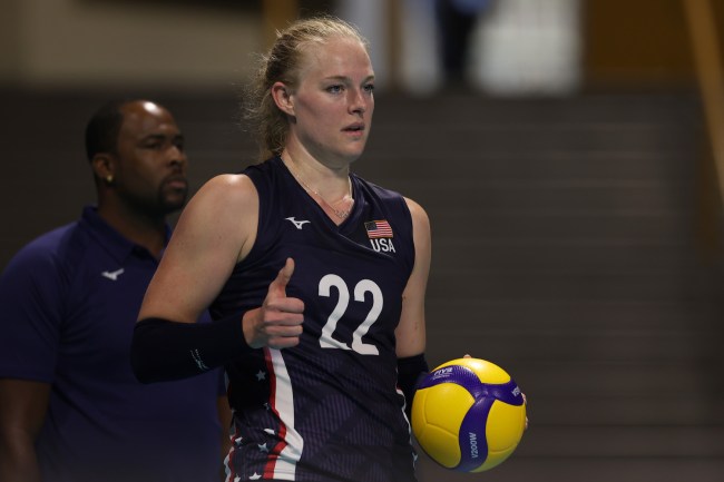 Kathryn Plummer #22 of the United States prepares to serve during a match between the United States and Netherlands as part of the 2024 USA Volleyball Cup presented by hoag at Walter Pyramid on July 14, 2024 in Long Beach, California.