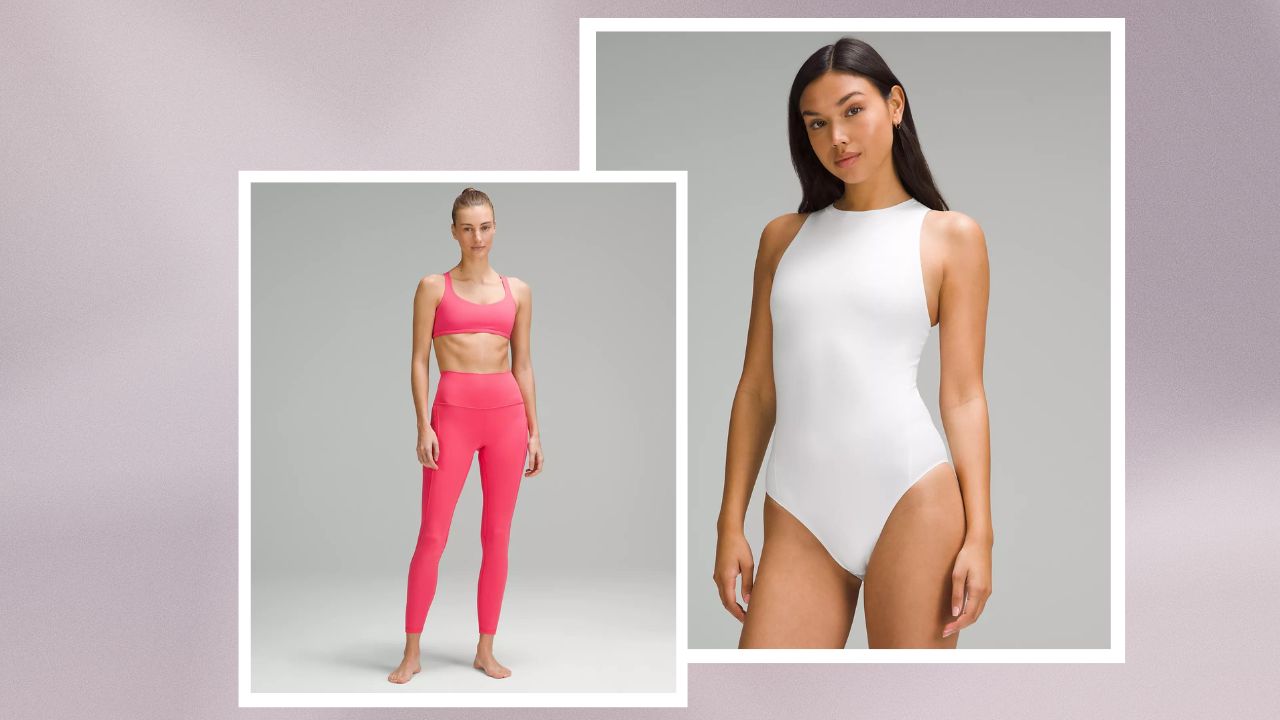 A woman in a hot pink Lululemon leggings and sports bra set, a woman in a white Lululemon bodysuit