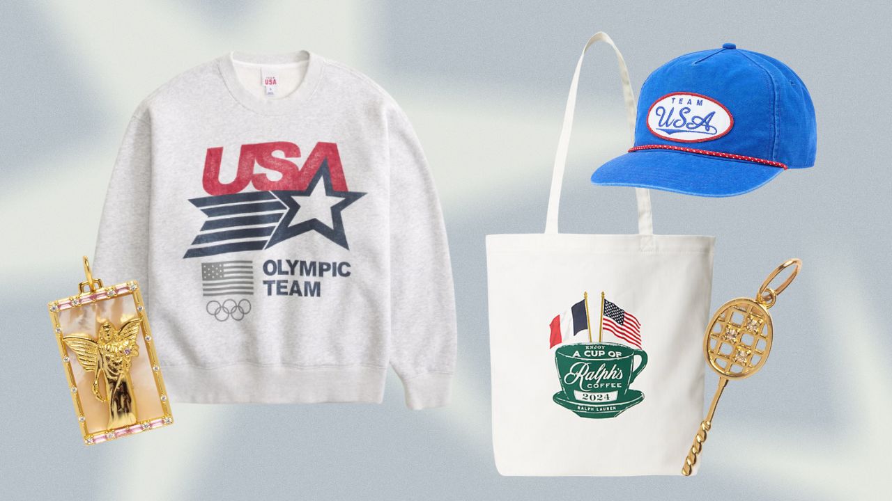 From left to right: a Nike goddess charm, a team USA sweatshirt, a tote bag with Ralph's Coffee logo, a blue team USA hat, a gold tennis racket charm