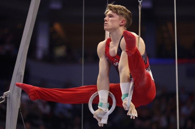 Shane Wiskus competes on the rings routine on Day Three of the 2024 U.S. Olympic Team Gymnastics Trials at Target Center on June 29, 2024 in Minneapolis, Minnesota.