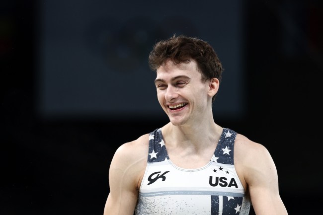 Stephen Nedoroscik of Team United States reacts on during a Gymnastics training session in the Bercy Arena ahead of the Paris 2024 Olympic Games on July 24, 2024 in Paris, France.