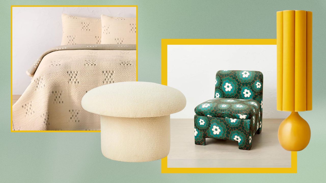 From left to right: Cream knit bedding, a white mushroom-shaped footstool, a green floral print couch, a tall yellow lamp