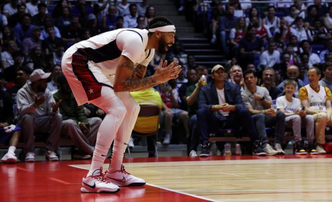 Anthony Davis of The United States reacts during the 2024 USA Basketball Showcase match between USA and Germany at The O2 Arena on July 22, 2024 in London, England.