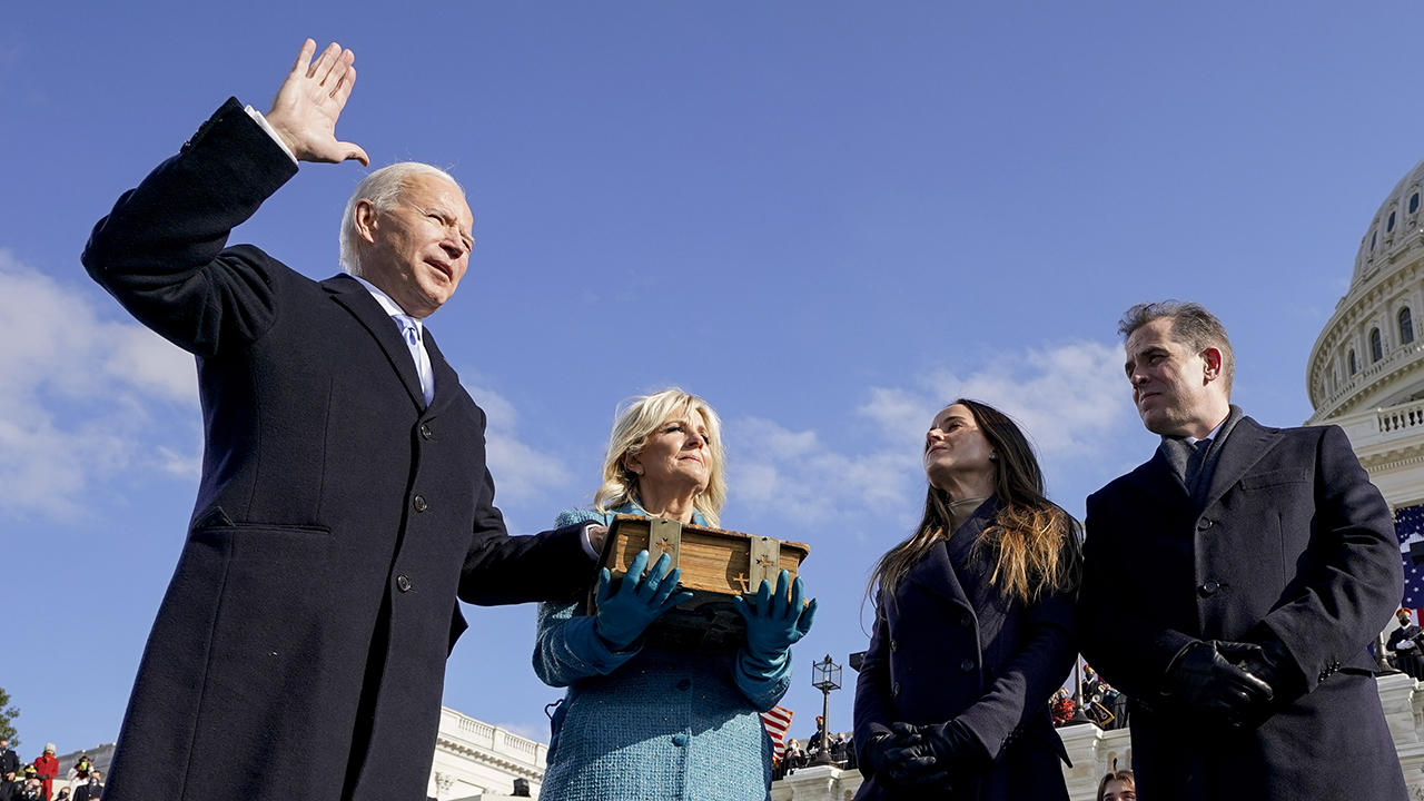 WASHINGTON, DC - JANUARY 20: Joe Biden is sworn in as the 46th president of the United States by Chief Justice John Roberts, as Jill Biden and their children Ashley and Hunter look on on the West Front of the U.S. Capitol on January 20, 2021 in Washington, DC. During today's inauguration ceremony Joe Biden becomes the 46th president of the United States