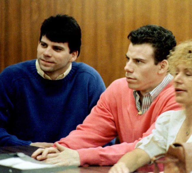 This 1992 file photo shows double murder defendants Erik (R) and Lyle Menendez (L) during a court appearance in Los Angeles, Ca.  The Menendez brothers have been found guilty of first degree murder 20 March in their second trial for the killing of their parents. 