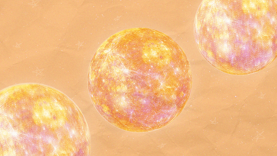 Planet Mercury three times in a row in a diagonal arrangement, all emblazoned in orange summery hues.