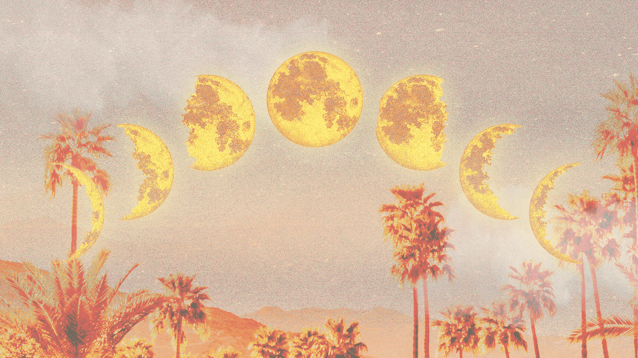 A series of lunar phases in a yellow-gold color hanging above a summery desert backdrop filled with palm trees to represent the new moon in Leo.