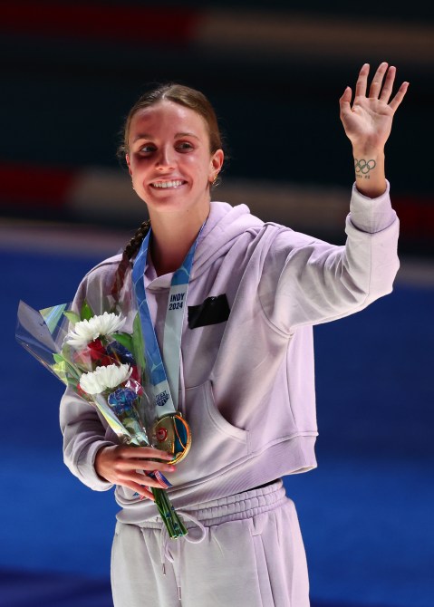 Regan Smith of the United States looks on for during the medal ceremony for the Women's 200m backstroke final on Day Seven of the 2024 U.S. Olympic Team Swimming Trials at Lucas Oil Stadium on June 21, 2024 in Indianapolis, Indiana.