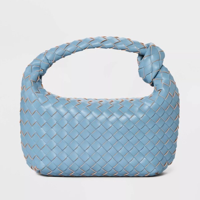 Blue woven handbag with a knotted handle