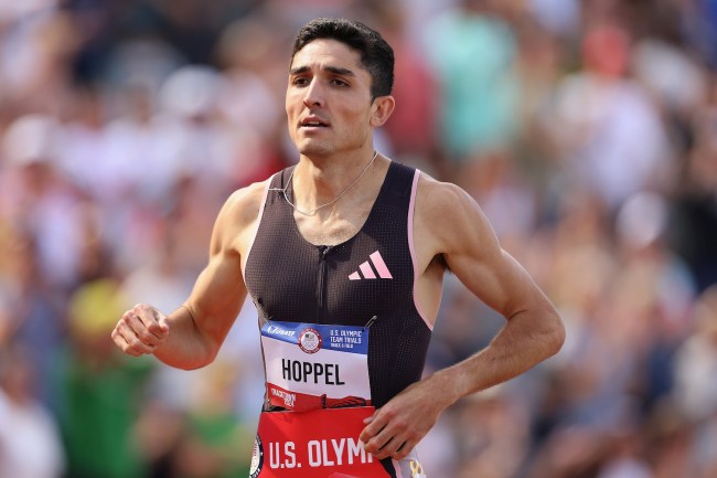 Bryce Hoppel crosses the finish line to win the men's 800 meter final on Day Ten of the 2024 U.S. Olympic Team Track & Field Trials at Hayward Field on June 30, 2024 in Eugene, Oregon.