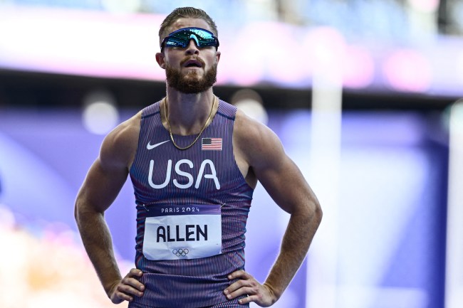 US' CJ Allen reacts after competing in the men's 400m hurdles heat of the athletics event at the Paris 2024 Olympic Games at Stade de France in Saint-Denis, north of Paris, on August 5, 2024.