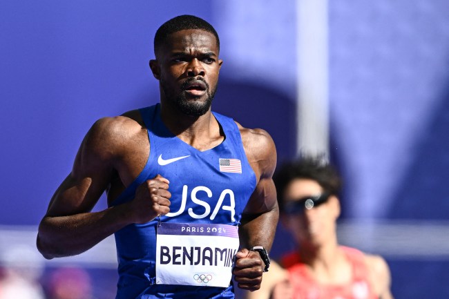 US' Rai Benjamin reacts after competing in the men's 400m hurdles heat of the athletics event at the Paris 2024 Olympic Games at Stade de France in Saint-Denis, north of Paris, on August 5, 2024.