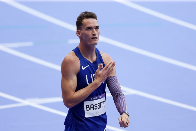 Trevor Bassitt of Team United States reacts during the Men's 400m Hurdles Repechage Round on day eleven of the Olympic Games Paris 2024 at Stade de France on August 06, 2024 in Paris, France.