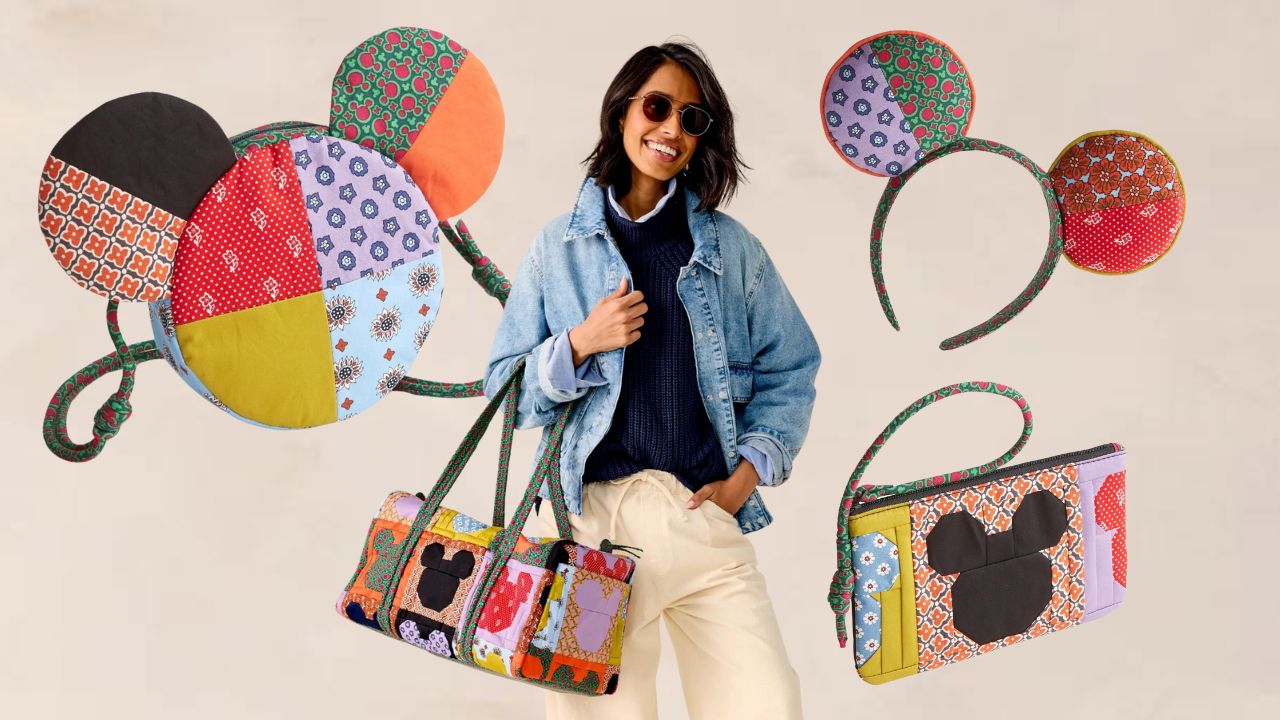 From left to right: Mickey-shaped patchwork bag, a woman holding a patchwork duffel bag with Mickey heads, Vera Bradley Mickey ears, quilted Mickey wristlet