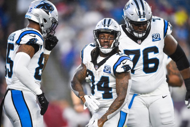 Ja'Tavion Sanders #85 of the Carolina Panthers, Mike Boone #34, and Badara Traore #76 are seen between plays during the first half of a preseason game against the New England Patriots at Gillette Stadium on August 08, 2024 in Foxborough, Massachusetts.