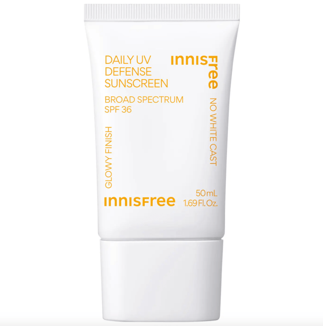 Innisfree Daily UV Defense Invisible Broad Spectrum SPF 36 Sunscreen in a white bottle.