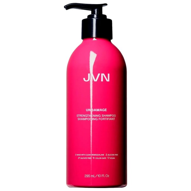 JVN Undamage Strengthening Shampoo in a pink bottle.