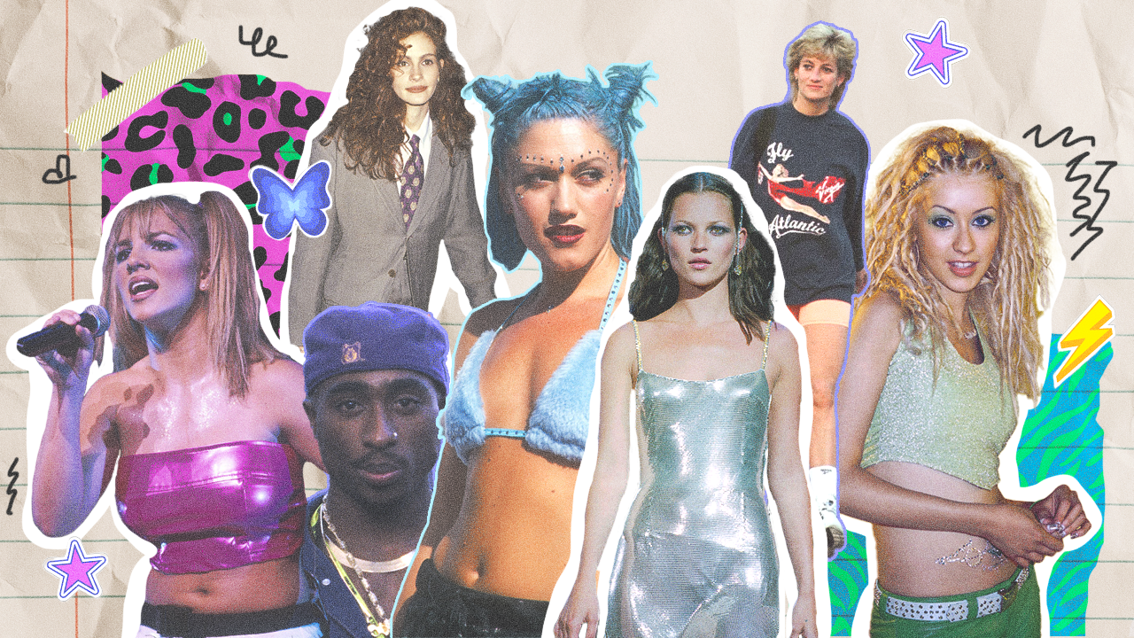Various fashion icons from the 1990s, such as Britney Spears, Kate Moss, Tupac Shakur, and Gwen Stefani, arranged like a magazine cutout collage