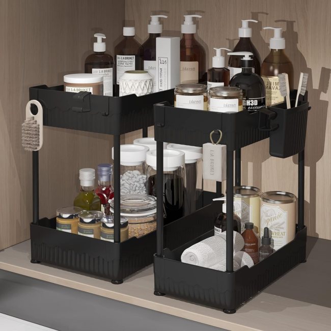 A cabinet organizer holding various products