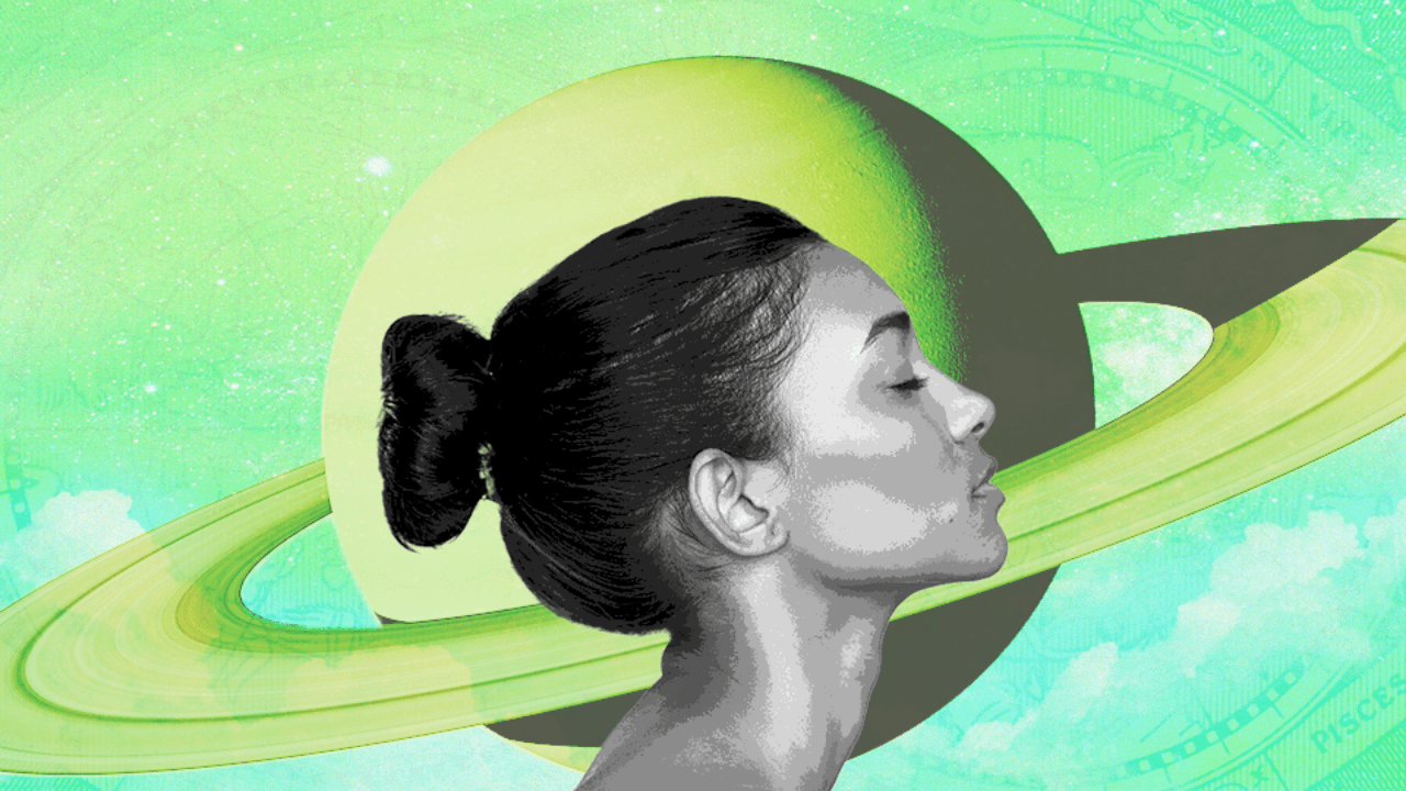 A woman's profile in black and white in front of planet Saturn in neon green
