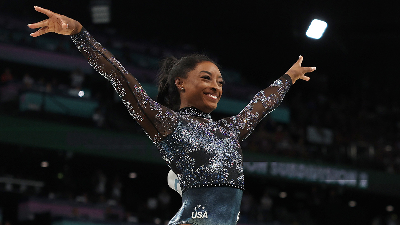 PARIS, FRANCE - JULY 28: Simone Biles of Team United States reacts after competing on the vault during the Artistic Gymnastics Women's Qualification on day two of the Olympic Games Paris 2024 at Bercy Arena on July 28, 2024 in Paris, France.