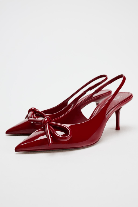 Zara Faux Patent Leather Bow Heeled Shoes in cherry red