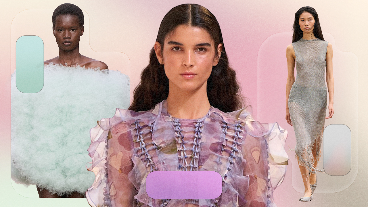 Three models wearing seafoam green, lavender, and silver.